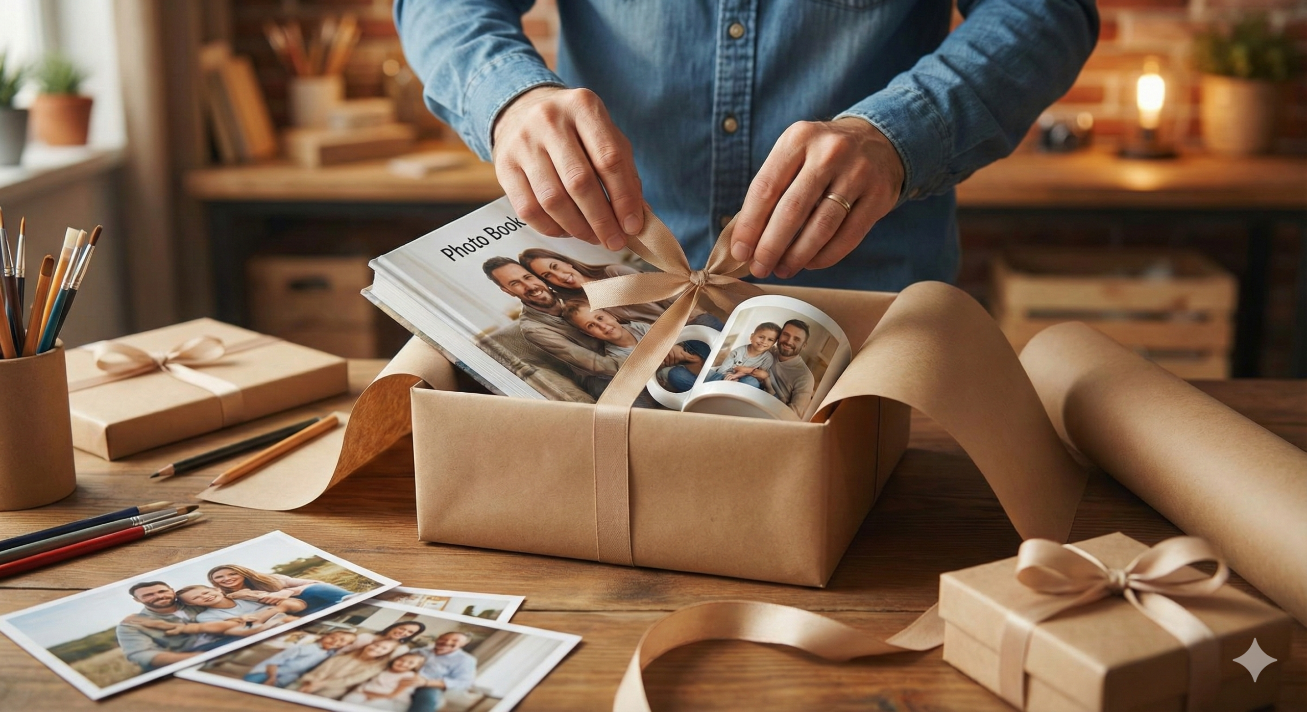 Foto de produtos personalizados da marca Império Personalizado, incluindo canecas com fotos e agendas artesanais sobre uma mesa de madeira.